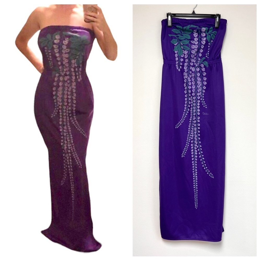 Vintage Alfred Shaheen Goddess Wisteria Floral Strapless Tube Maxi Dress